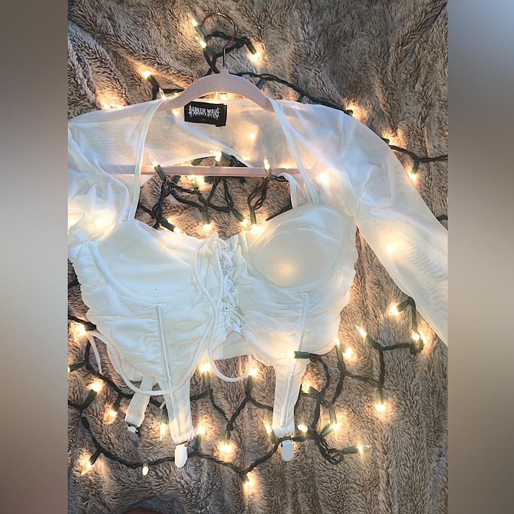 Dolls Kill x Darker Wavs FILTER GARTER CLIP CORSET CROP TOP in White